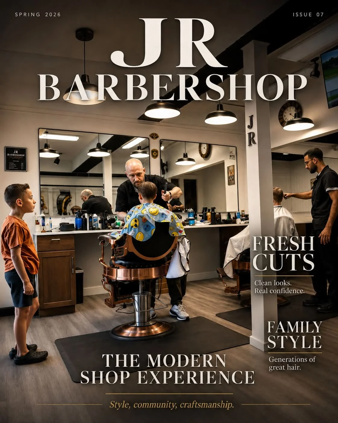 JR Barbershop promotional cover with shop photographs and spring 2026 lettering