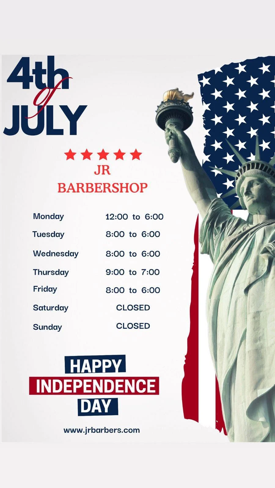 Archived Fourth of July hours graphic for JR Barbershop
