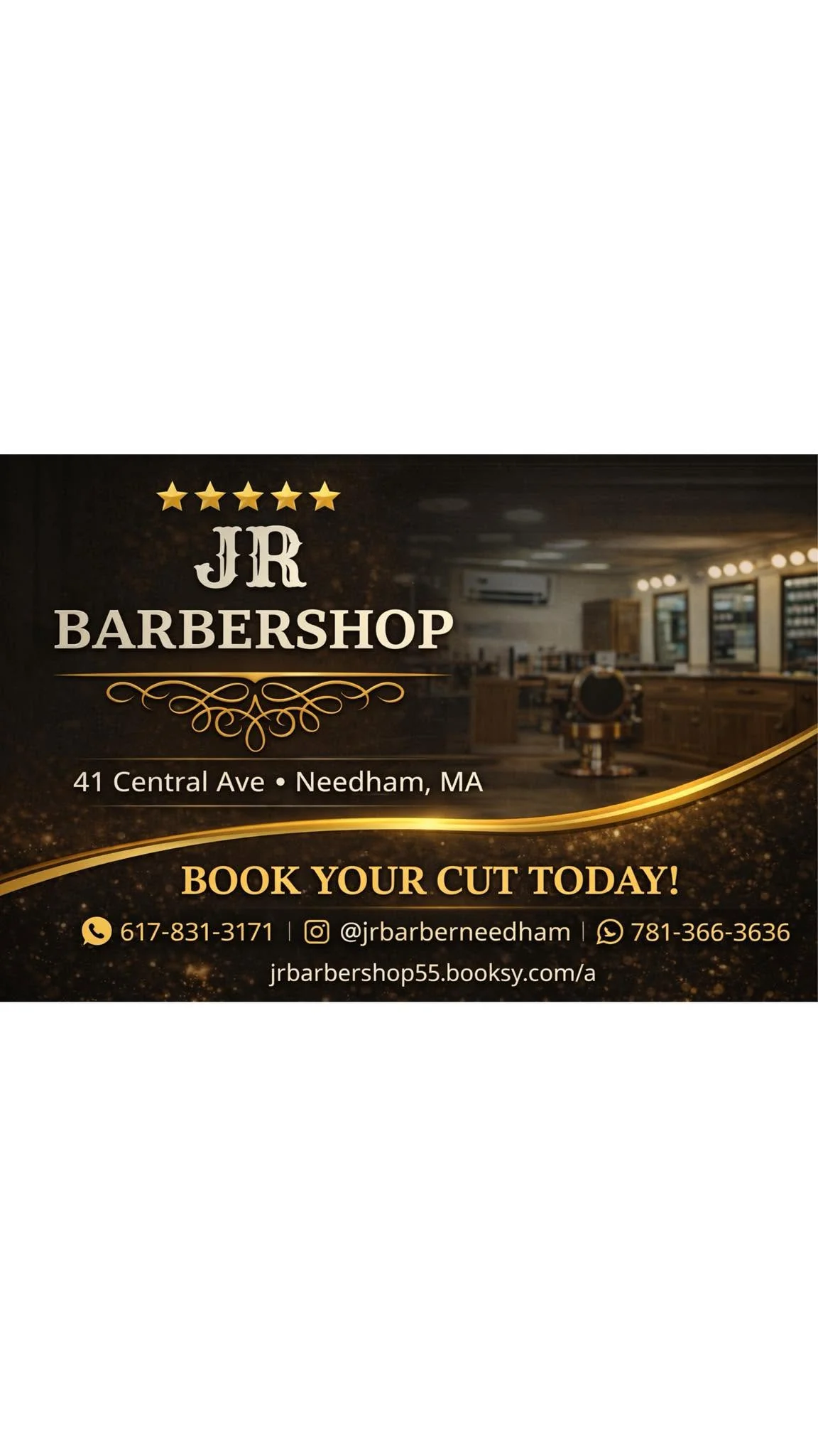 Black and gold JR Barbershop booking artwork with shop contact details