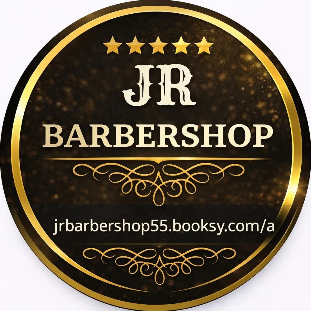 Round black and gold JR Barbershop logo with a booking address