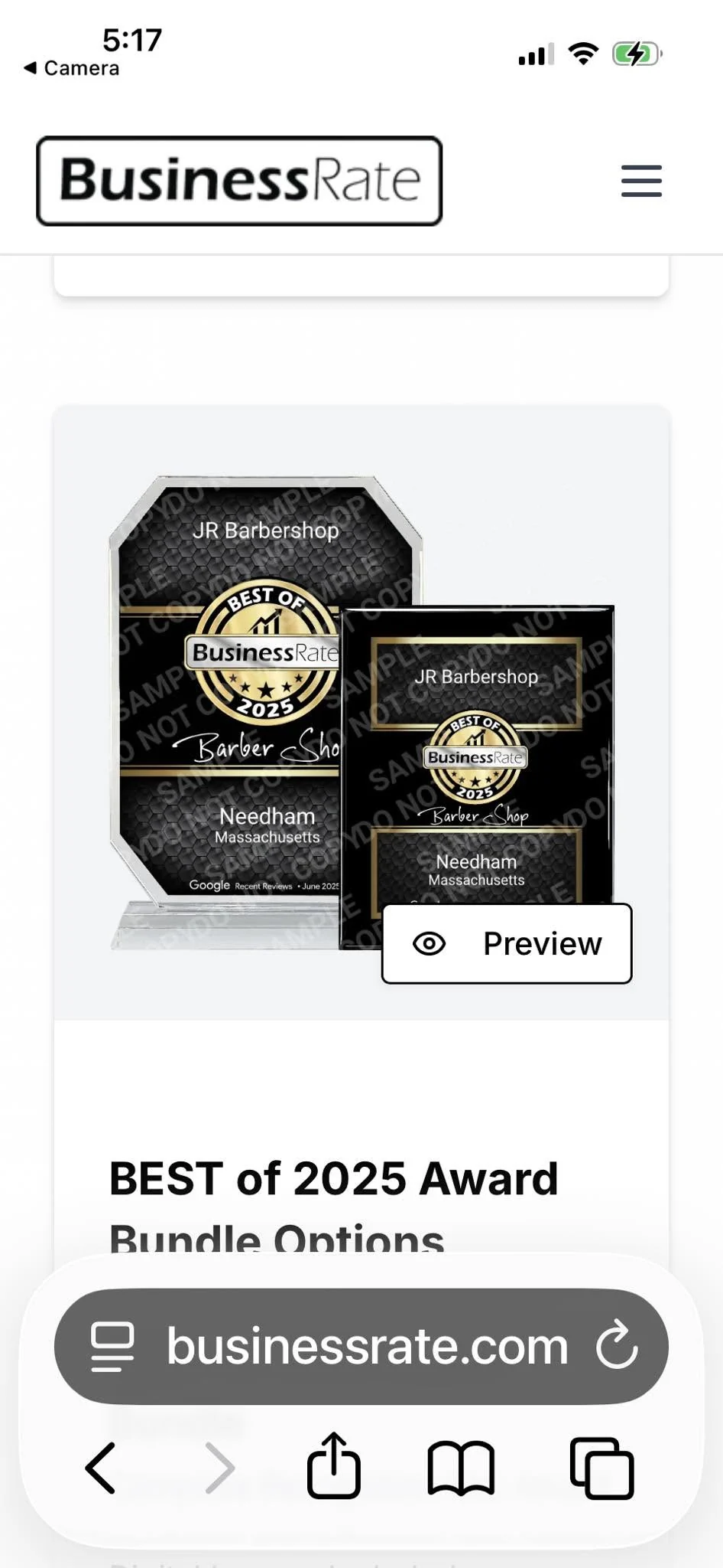 Screenshot of a JR Barbershop award plaque and display preview