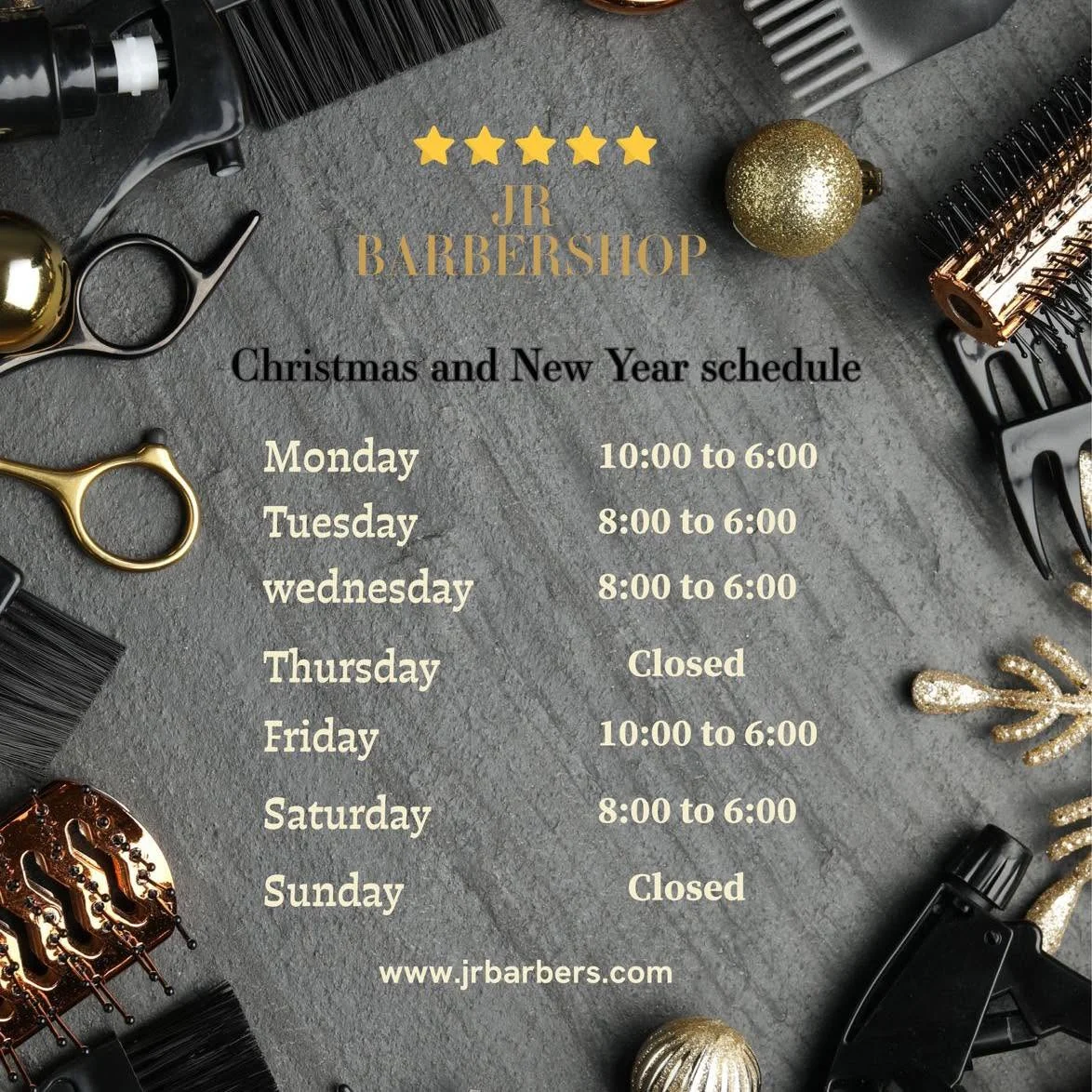 Archived JR Barbershop Christmas and New Year opening-hours artwork