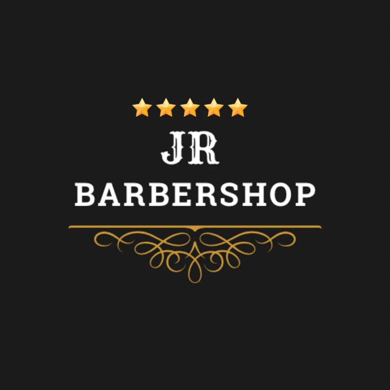 White and gold JR Barbershop logo on a black square background